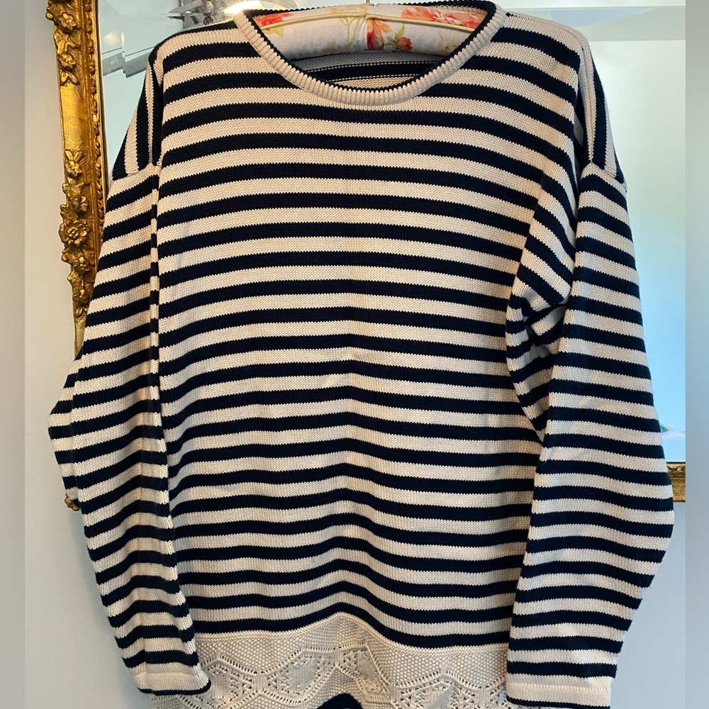 Striped Navy and Cream Cotton Knit Sweater